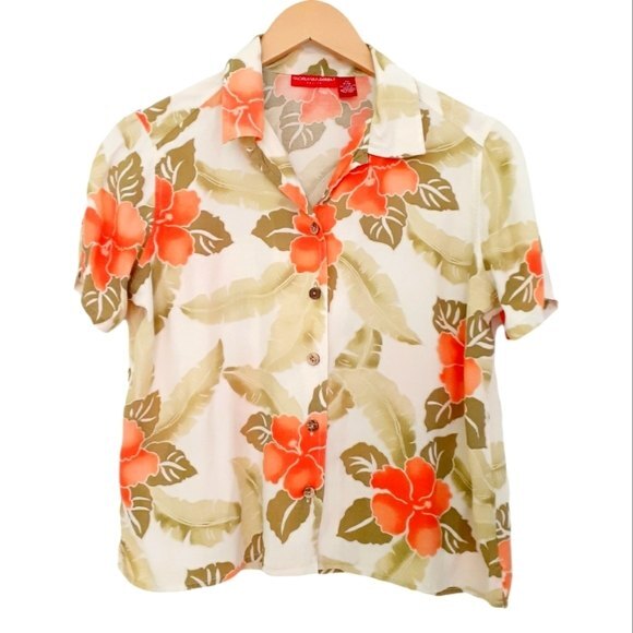 Gloria Vanderbilt Women's Button Up Coral Hibiscus Hawaiian Collared Top P/M - Picture 1 of 11